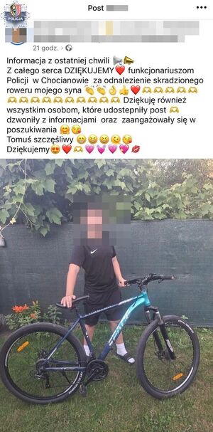 podziękowania za odzyskanie roweru
