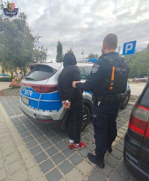 policjant i mężczyzna w kajdankach na tle radiowozu