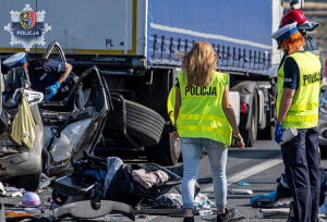 Policjanci Wydziału Ruchu Drogowego oraz technicy kryminalistyki podczas wykonywania czynności na miejscu wypadku